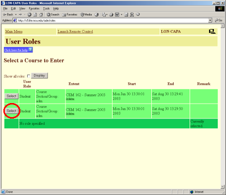 Selecting course with menu mode enabled