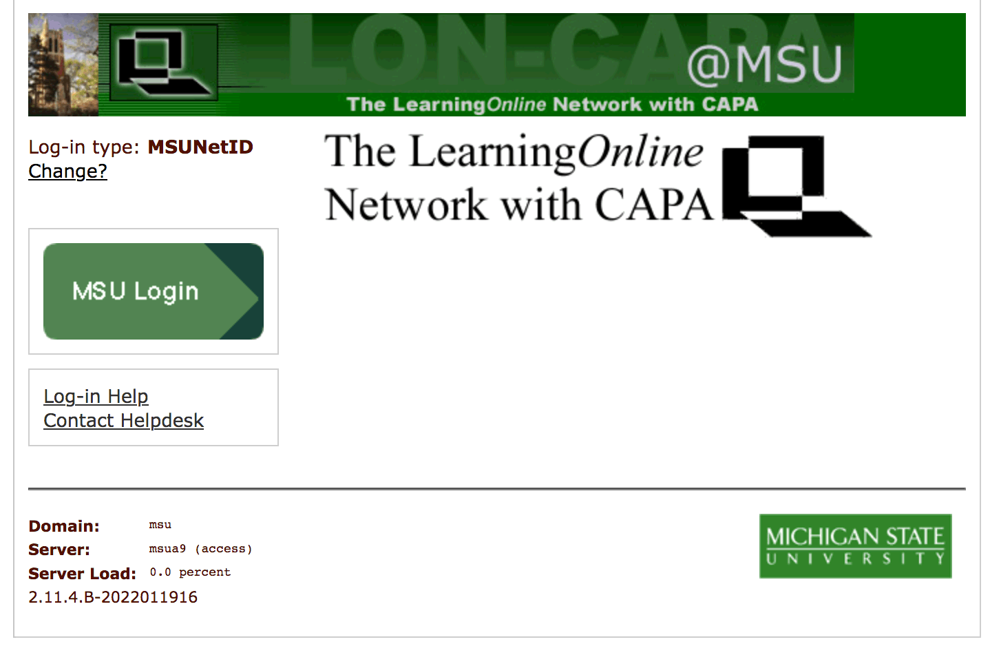 MSU LON-CAPA Landing Page Screenshot